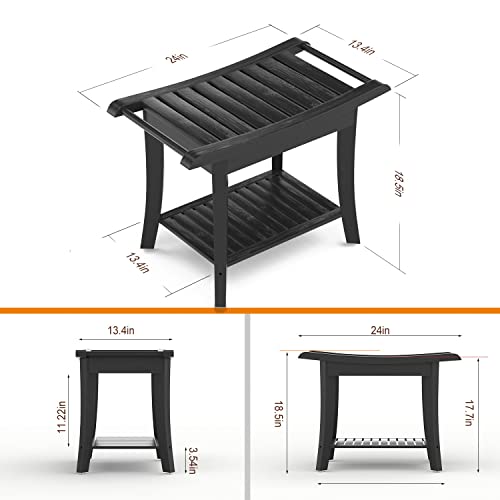 Bamboo Shower Stool Bench with Storage, Waterproof - Black