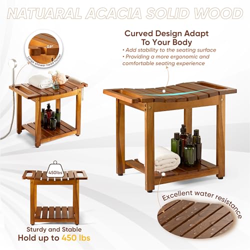 Blue Wood Shower Bench with Storage and Handle