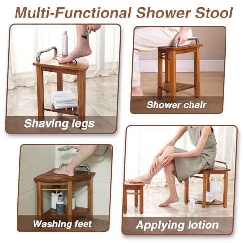 19'' Teak Shower Bench with Handle, Corner Stool
