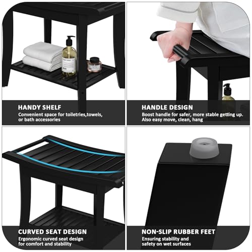 Bamboo Shower Stool Bench with Storage, Waterproof - Black