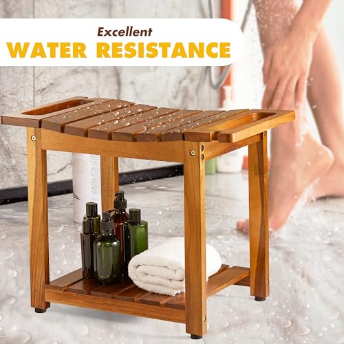 Blue Wood Shower Bench with Storage and Handle