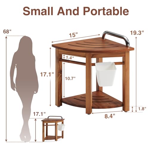 19'' Teak Shower Bench with Handle, Corner Stool