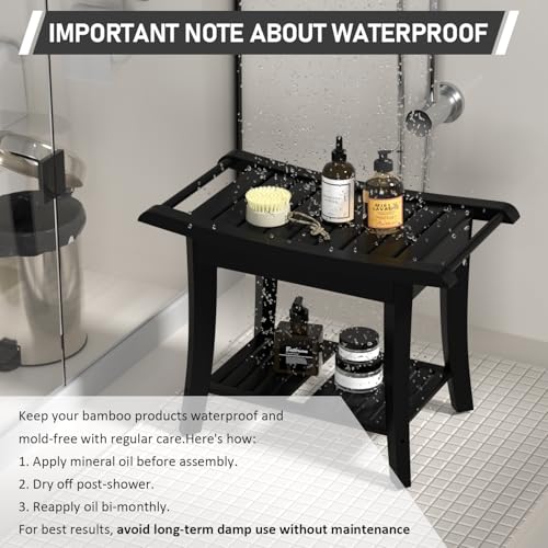 Bamboo Shower Stool Bench with Storage, Waterproof - Black