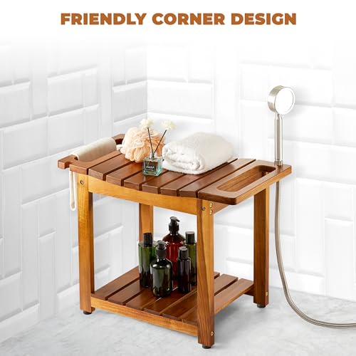 Blue Wood Shower Bench with Storage and Handle