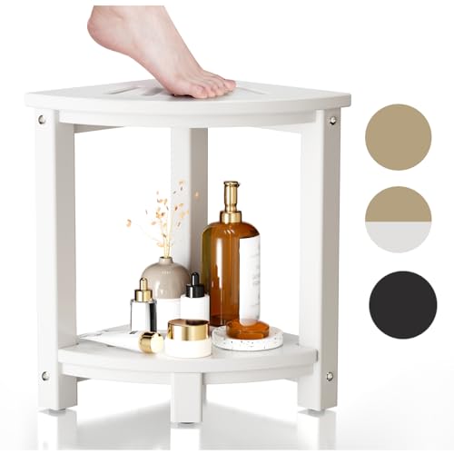 White HDPE Corner Shower Stool with Storage Shelf
