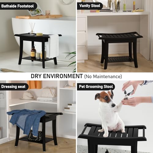 Bamboo Shower Stool Bench with Storage, Waterproof - Black