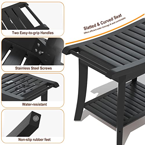 Bamboo Shower Stool Bench with Storage, Waterproof - Black