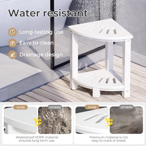 White HDPE Corner Shower Stool with Storage Shelf