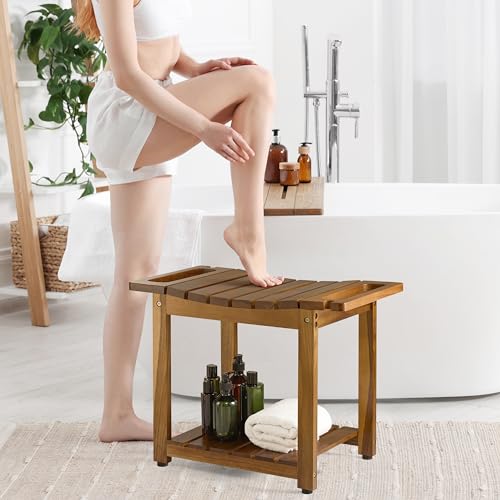 Blue Wood Shower Bench with Storage and Handle