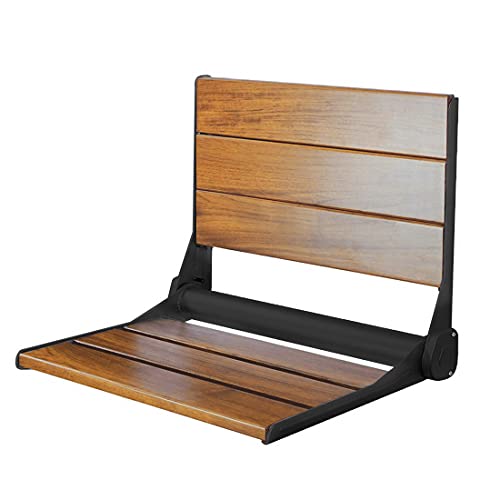 18" Wall-Mounted Folding Teak Shower Bench Seat, Matte Black