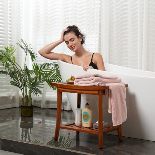Teak Shower Bench with Handles, Portable Bath Stool
