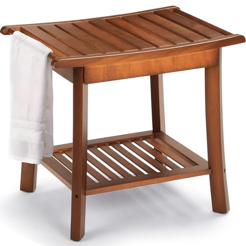 Teak 2-Tier Wood Shower Bench with Storage & Towel Rack