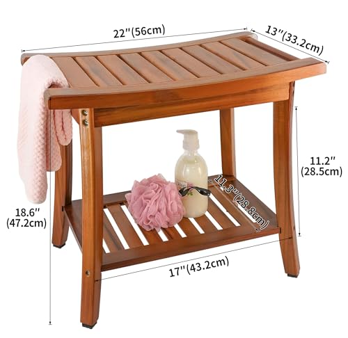Teak Shower Bench with Handles, Portable Bath Stool