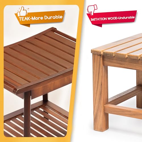Teak 2-Tier Wood Shower Bench with Storage & Towel Rack