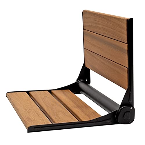 18" Wall-Mounted Folding Teak Shower Bench Seat, Matte Black