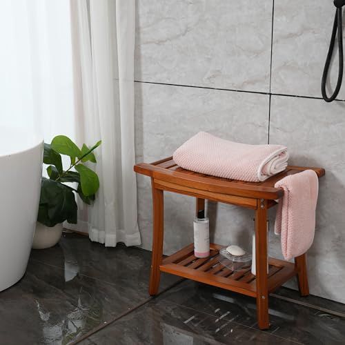 Teak Shower Bench with Handles, Portable Bath Stool