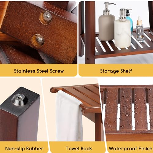 Teak 2-Tier Wood Shower Bench with Storage & Towel Rack