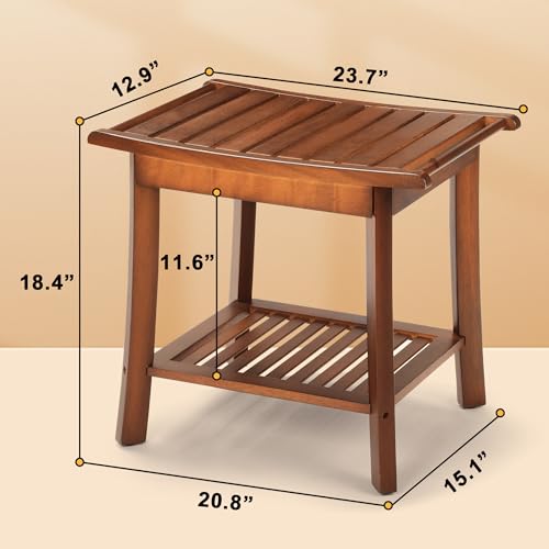 Teak 2-Tier Wood Shower Bench with Storage & Towel Rack