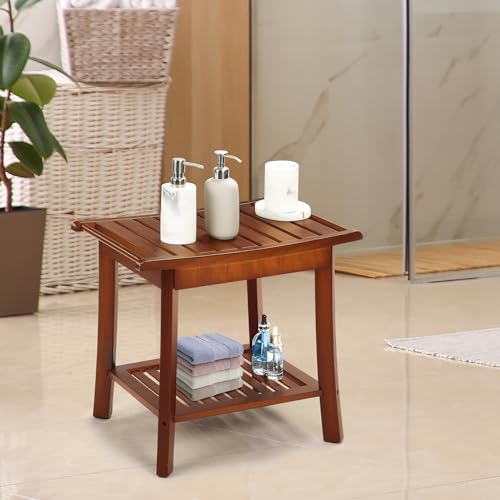 Teak 2-Tier Wood Shower Bench with Storage & Towel Rack