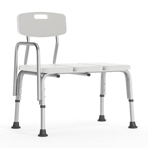 Adjustable White Bathroom Transfer Bench with Back and Arm