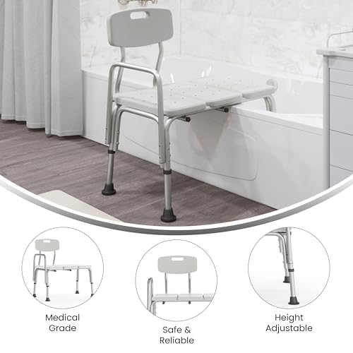 Adjustable White Bathroom Transfer Bench with Back and Arm
