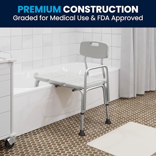 Adjustable White Bathroom Transfer Bench with Back and Arm