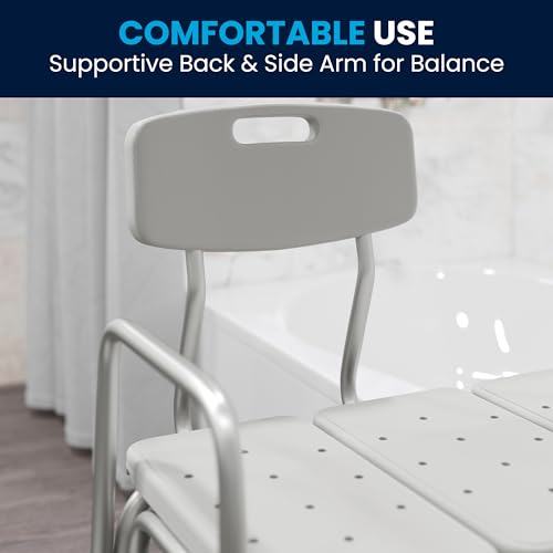 Adjustable White Bathroom Transfer Bench with Back and Arm