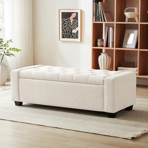 Beige Upholstered Ottoman Bench with Safety Hinge