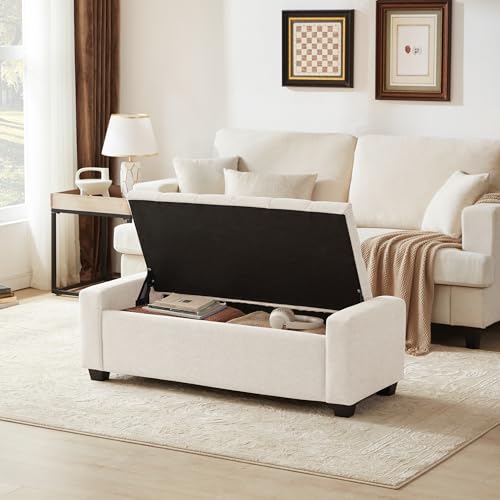 Beige Upholstered Ottoman Bench with Safety Hinge