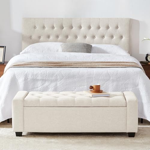 Beige Upholstered Ottoman Bench with Safety Hinge