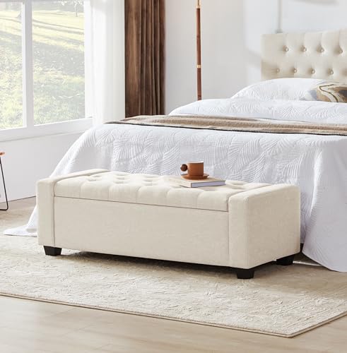 Beige Upholstered Ottoman Bench with Safety Hinge