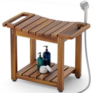 Blue Wood Shower Bench with Storage and Handle