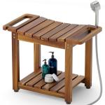 Blue Wood Shower Bench with Storage and Handle