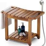 Blue Wood Shower Bench with Storage and Handle