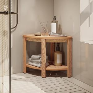 Teak Corner Shower Seat with Storage Shelf