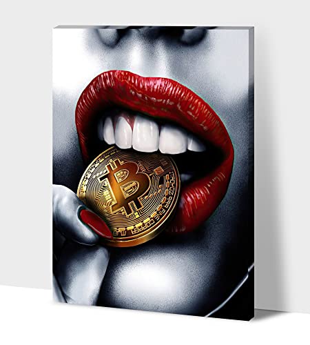 Red Lips Bitcoin Money Canvas Wall Art, Colorful Beauty