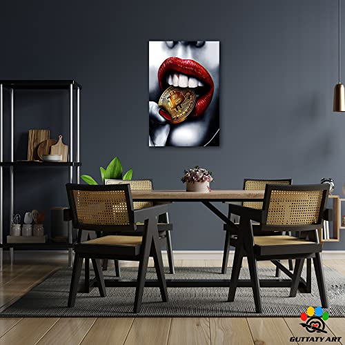 Red Lips Bitcoin Money Canvas Wall Art, Colorful Beauty