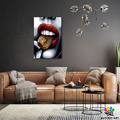 Red Lips Bitcoin Money Canvas Wall Art, Colorful Beauty