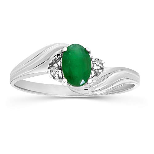 White Gold Oval Emerald and Diamond Ring - Size 7