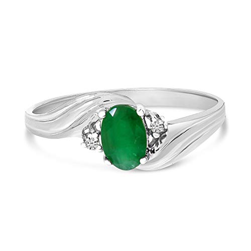 White Gold Oval Emerald and Diamond Ring - Size 7