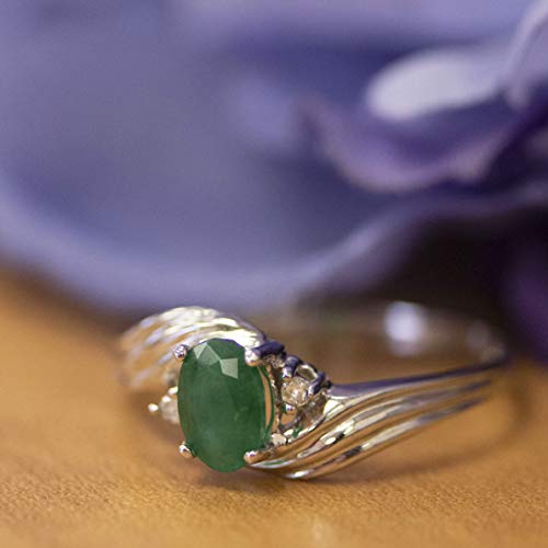 White Gold Oval Emerald and Diamond Ring - Size 7
