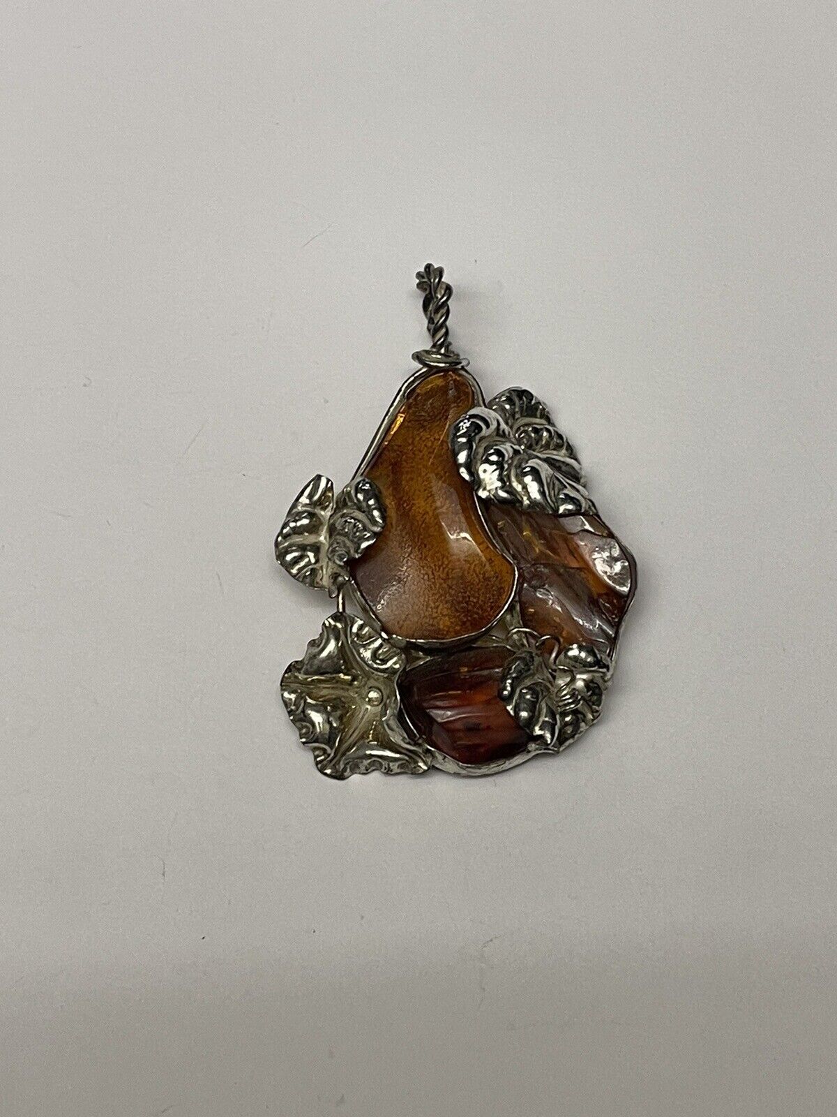 Sterling Silver Art Nouveau Baltic Amber Pendant Vintage