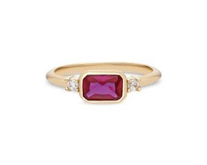 14k Gold Emerald Cut Ruby Three Stone Ring