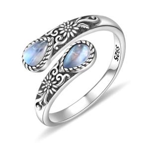 Adjustable Silver Moonstone Sunflower Ring for Women