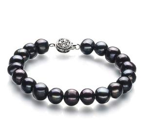 Black Freshwater Pearl Bracelet 925 Sterling Silver Women's