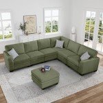 Olive Corduroy L-Sectional Sofa with Ottoman