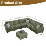 Olive Corduroy L-Sectional Sofa with Ottoman