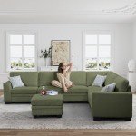Olive Corduroy L-Sectional Sofa with Ottoman