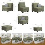 Olive Corduroy L-Sectional Sofa with Ottoman