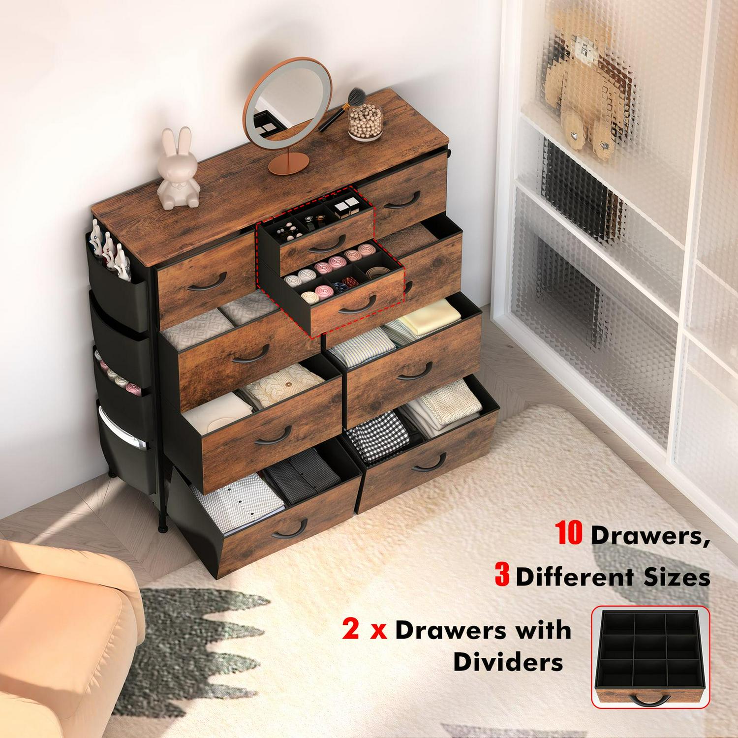 10 Drawer Bedroom Dresser with Side Pockets